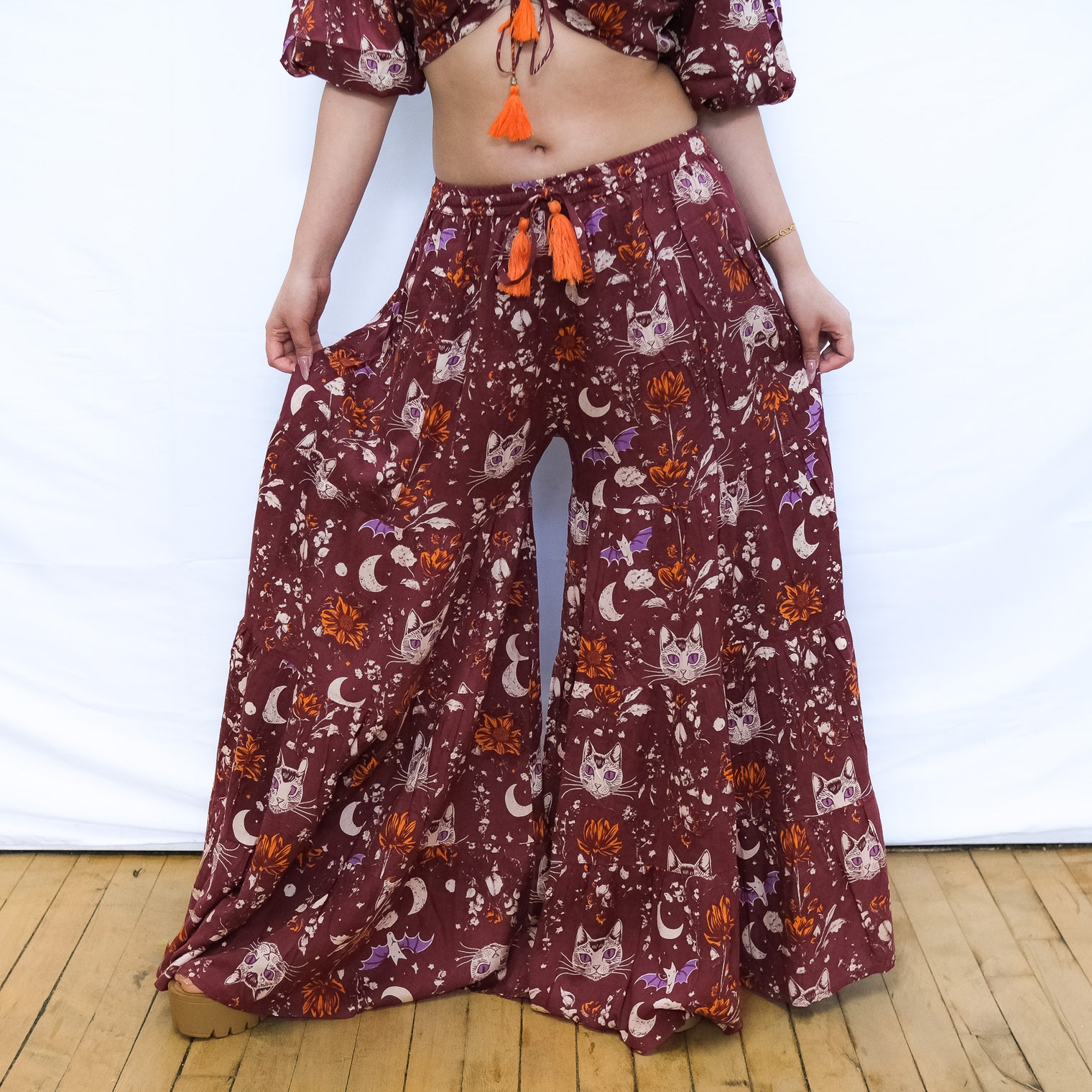 Boho Cat & Moon Two-Piece Flowy Pants and Top Set