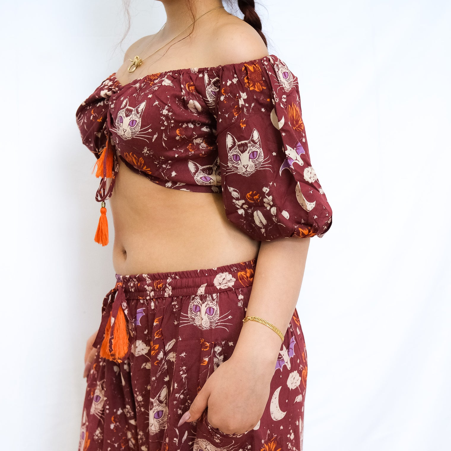 Boho Cat & Moon Two-Piece Flowy Pants and Top Set