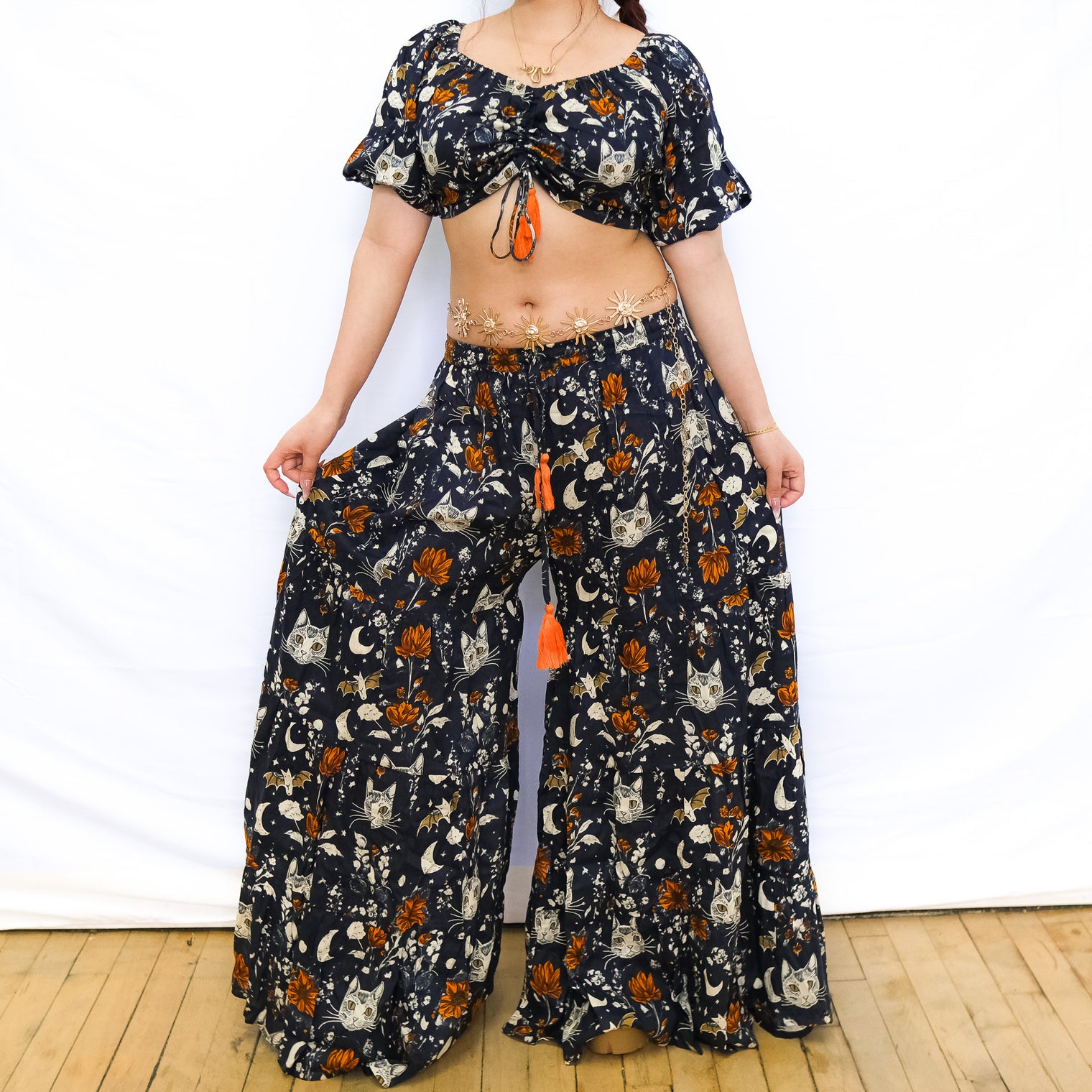 Boho Cat & Moon Two-Piece Flowy Pants and Top Set