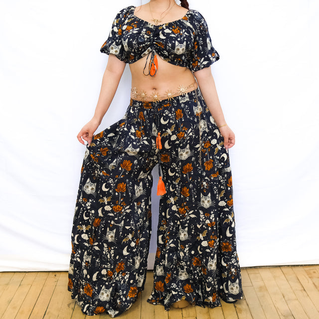 Boho Cat & Moon Two-Piece Flowy Pants and Top Set