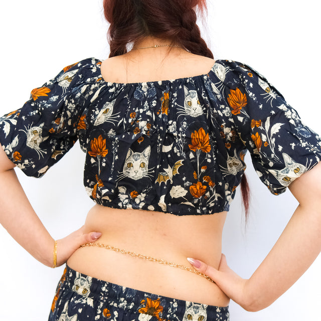 Boho Whimsy Cat Moon Puff Sleeve Blouse