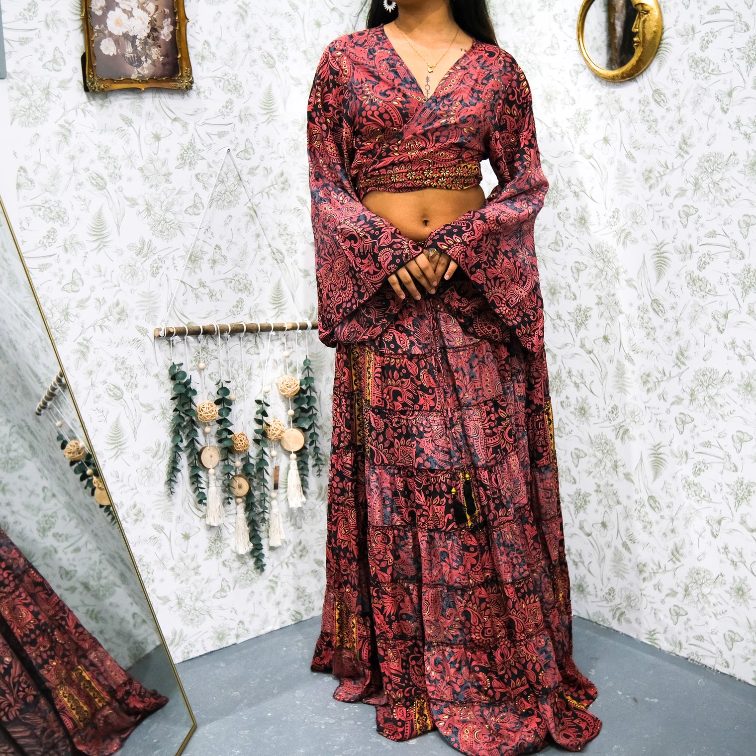 Ethereal Paisley Skirt with Ruffle Sleeve Top