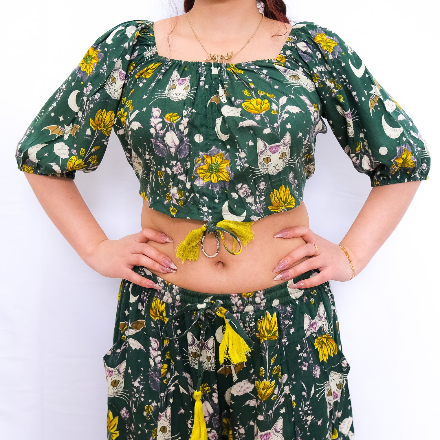 Boho Cat & Moon Two-Piece Flowy Pants and Top Set