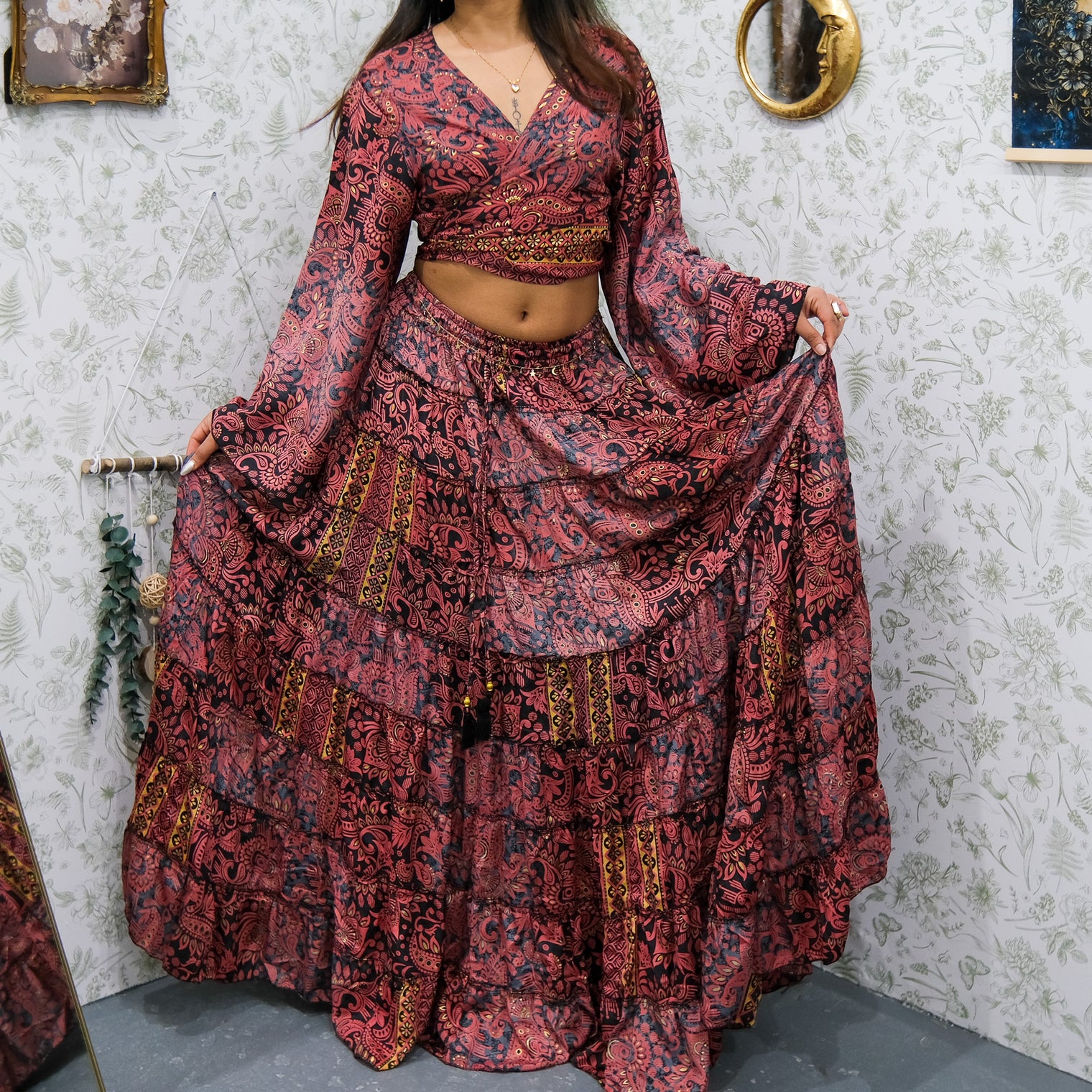 Ethereal Paisley Skirt with Ruffle Sleeve Top