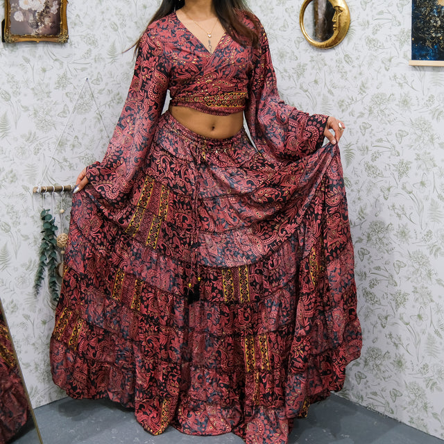 Ethereal Paisley Skirt with Ruffle Sleeve Top