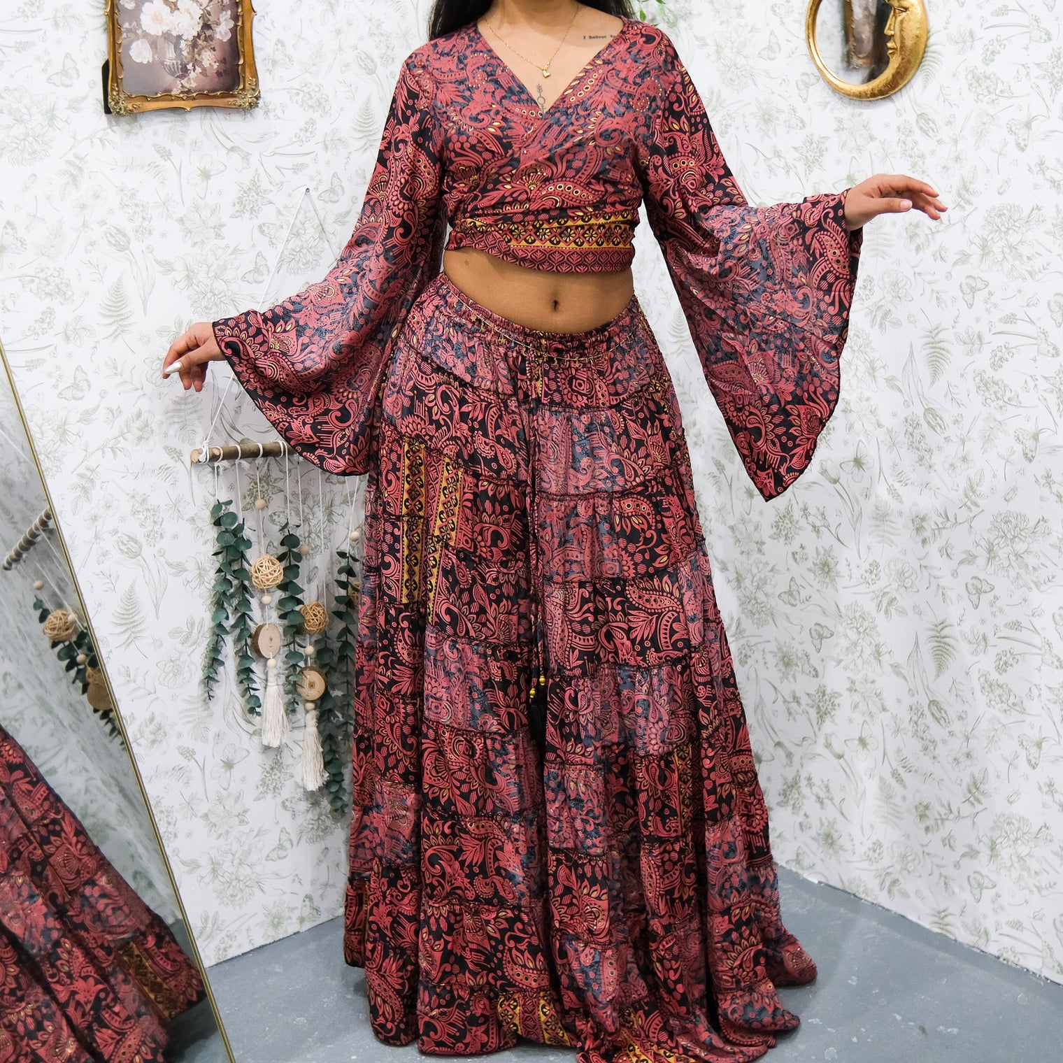 Ethereal Paisley Skirt with Ruffle Sleeve Top