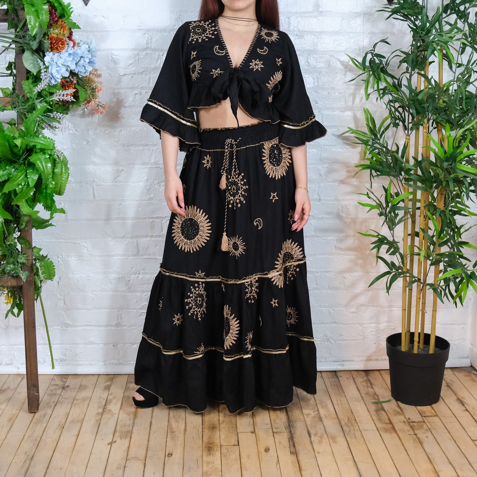 Bohemian Embroidery Skirt with Ruffle Sleeve Top