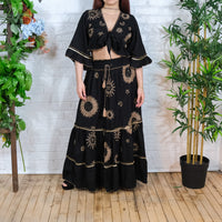 Bohemian Embroidery Skirt with Ruffle Sleeve Top