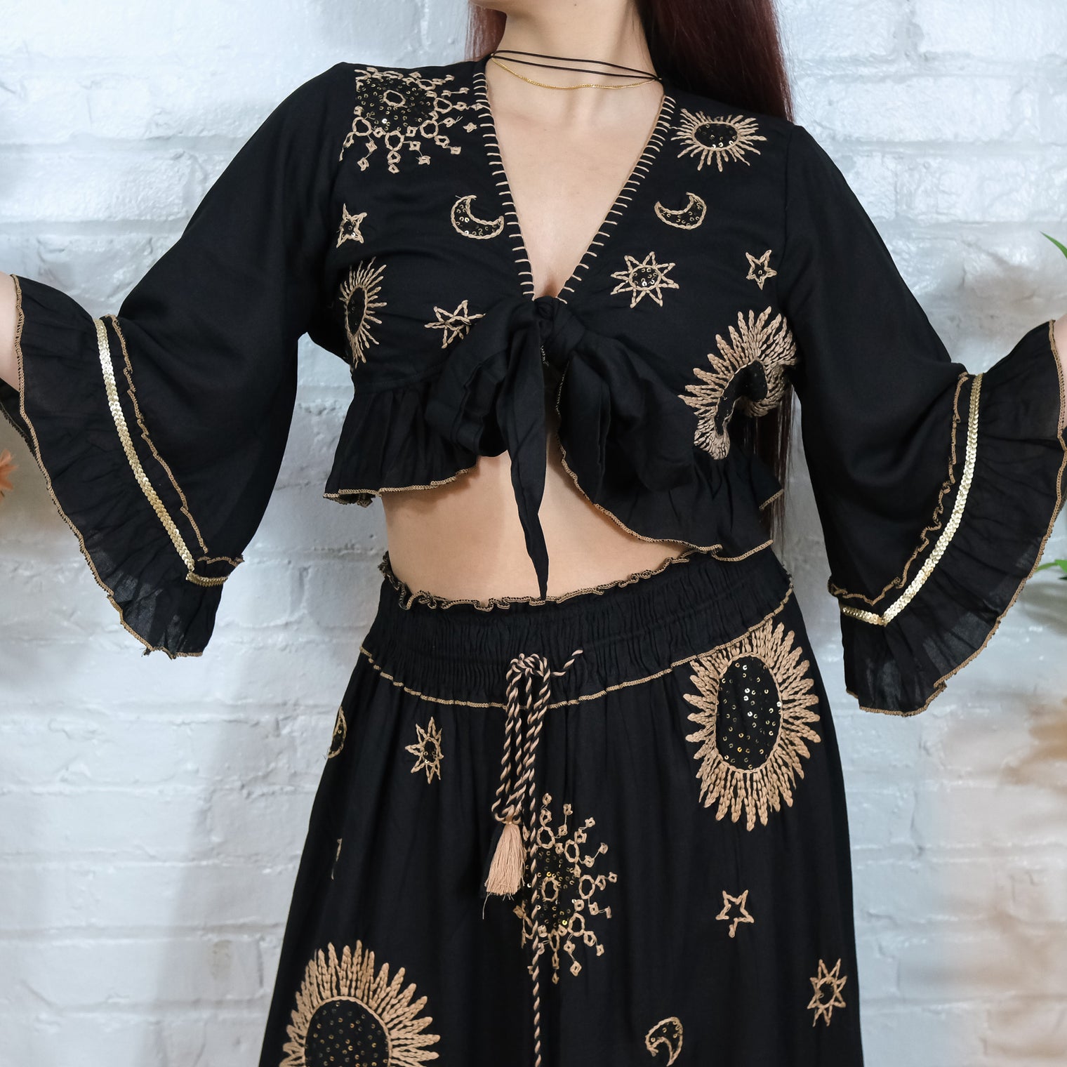 Bohemian Embroidery Skirt with Ruffle Sleeve Top