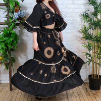 Bohemian Embroidery Skirt with Ruffle Sleeve Top