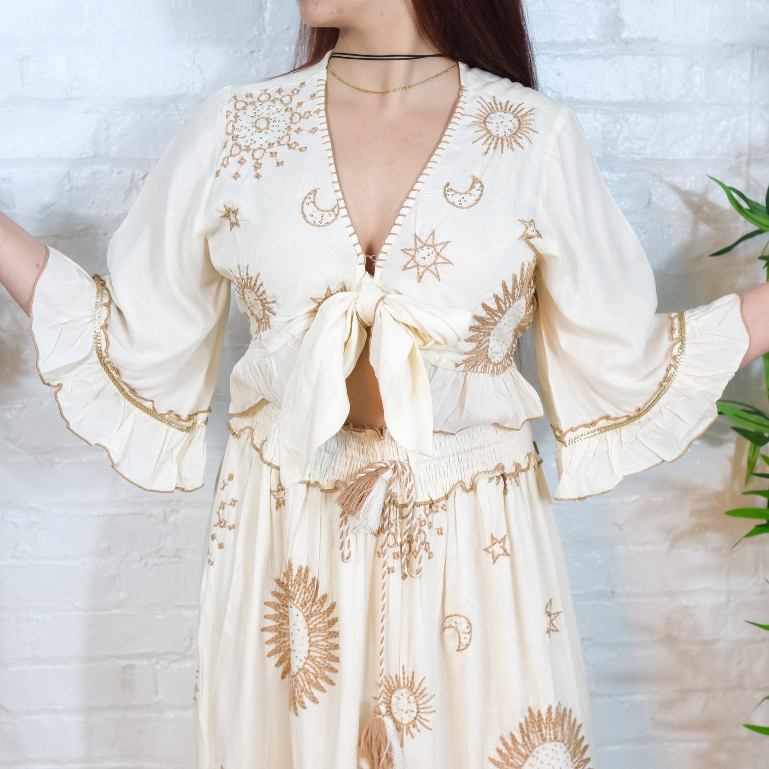 Bohemian Embroidery Skirt with Ruffle Sleeve Top