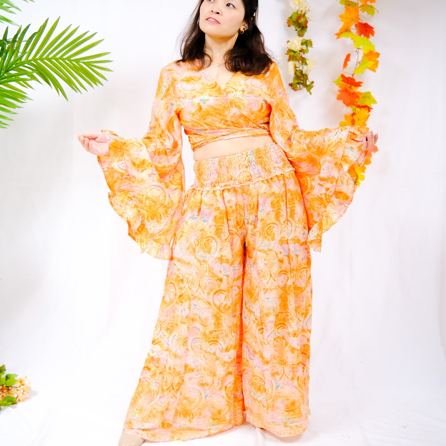 70s Silk Pant + Bell Sleeve Tie Top with Ruffle Set