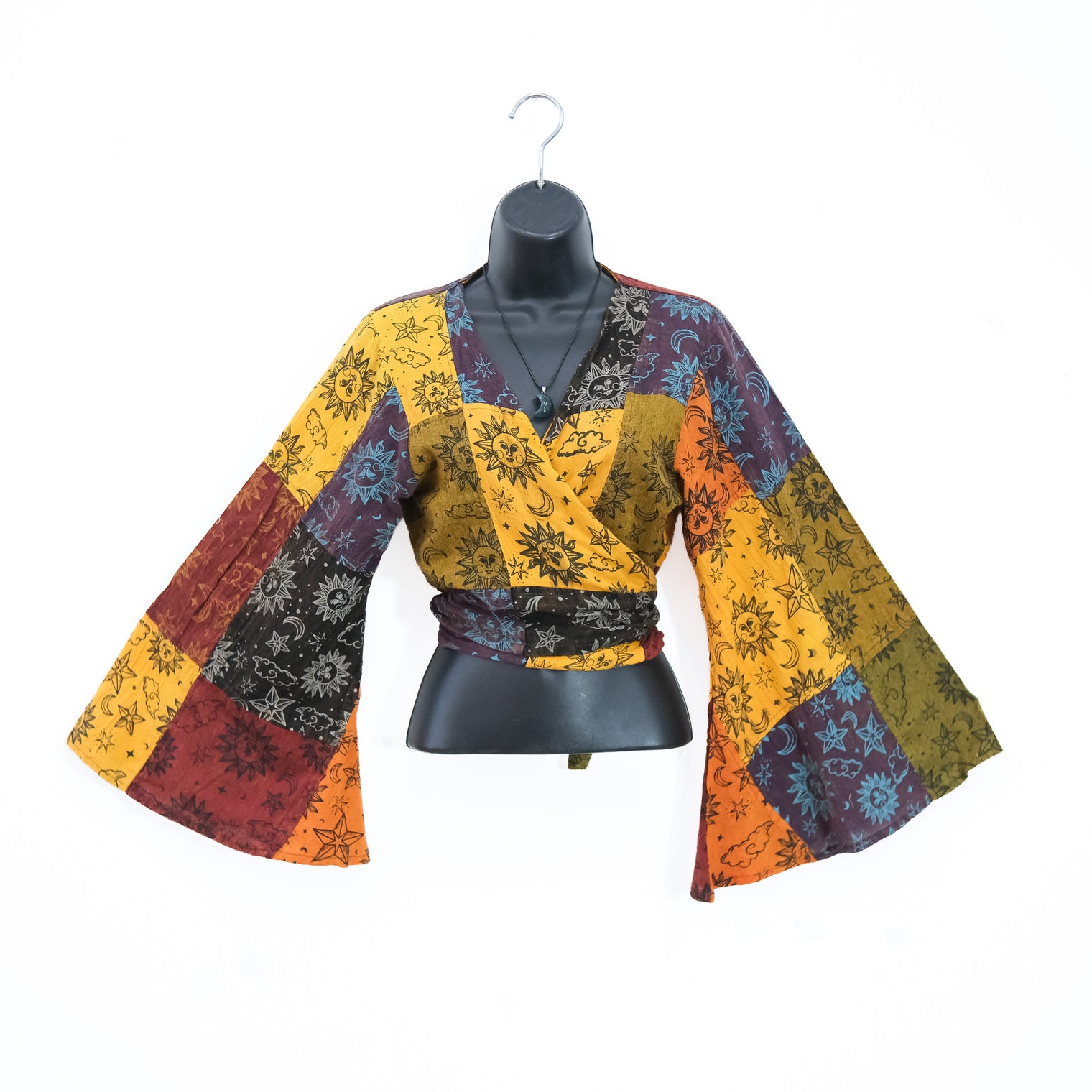 Patchwork Cotton Tie Top with Bell Sleeve