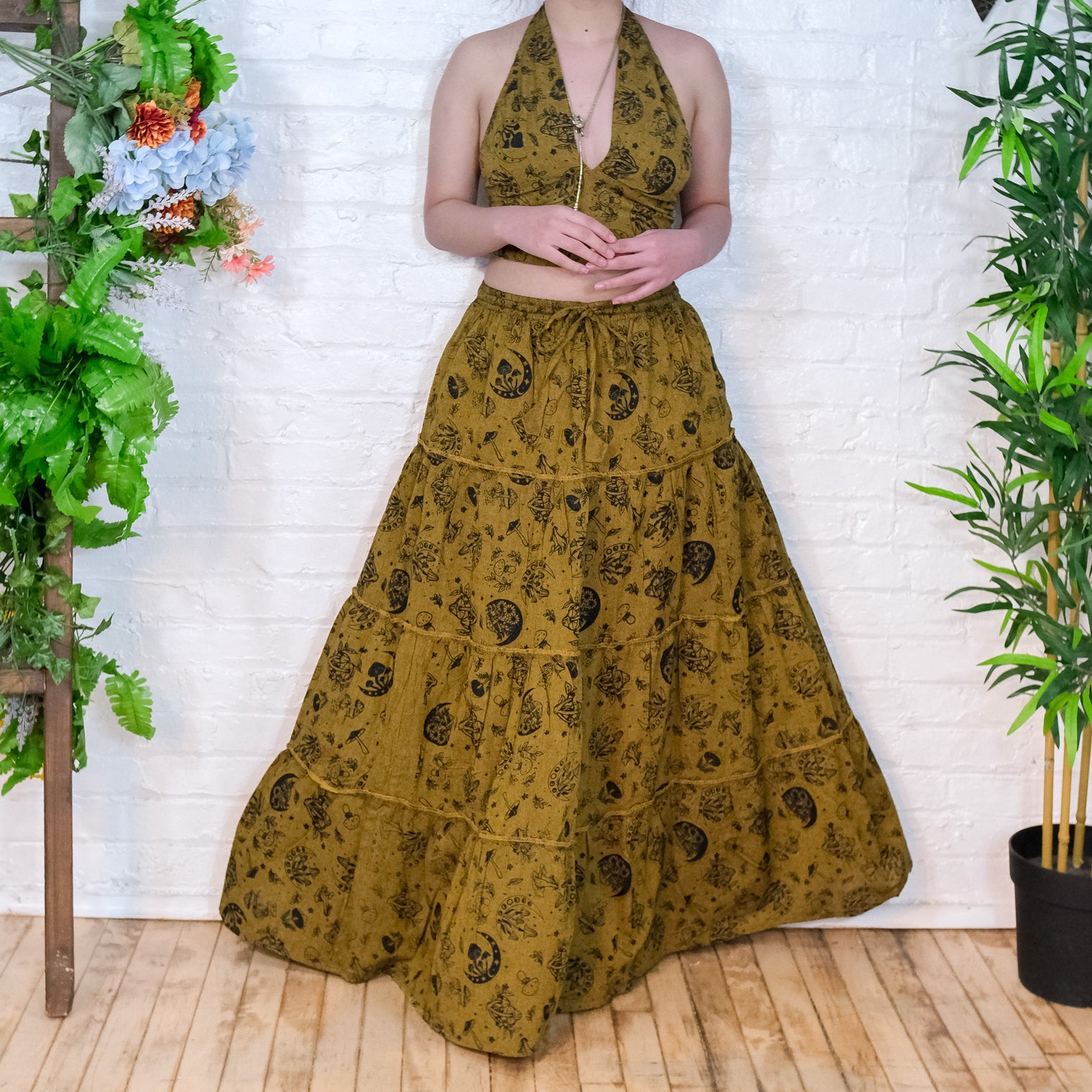 Flowy Tiered Mushroom Celestial Cotton Skirt Set