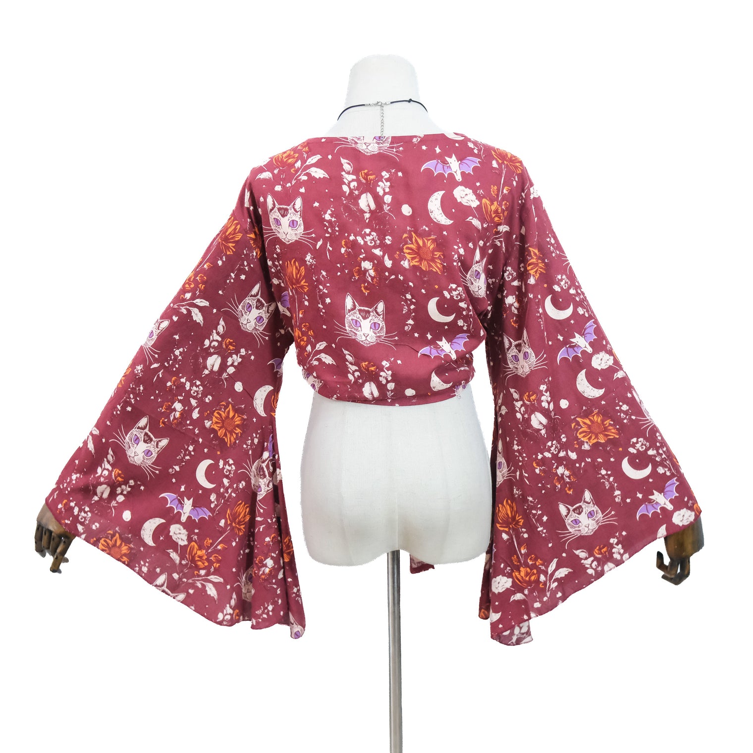 Mystical Cat Moon Bell Sleeve Wrap Top