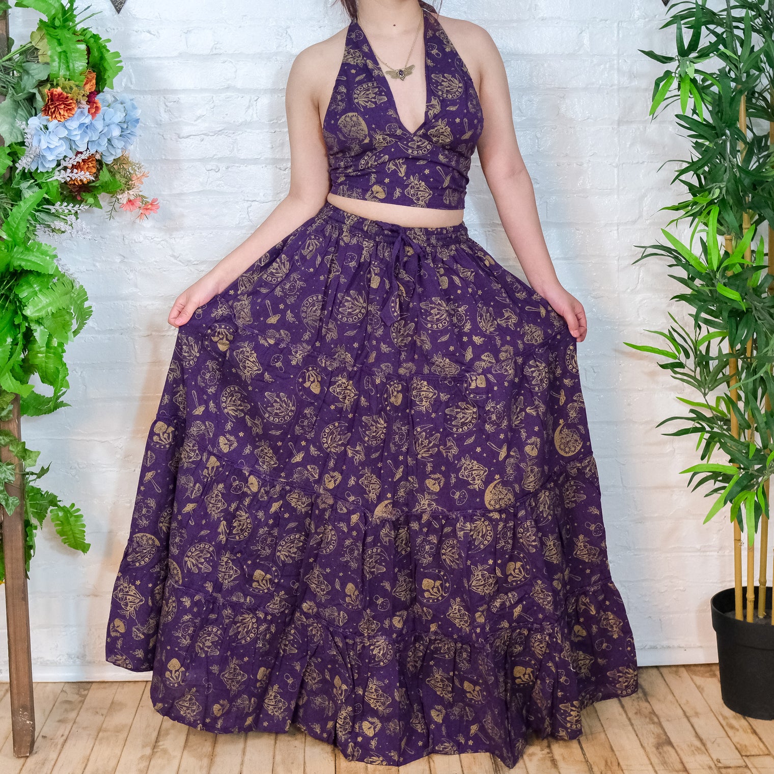 Flowy Tiered Mushroom Celestial Cotton Skirt Set