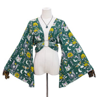 Mystical Cat Moon Bell Sleeve Wrap Top