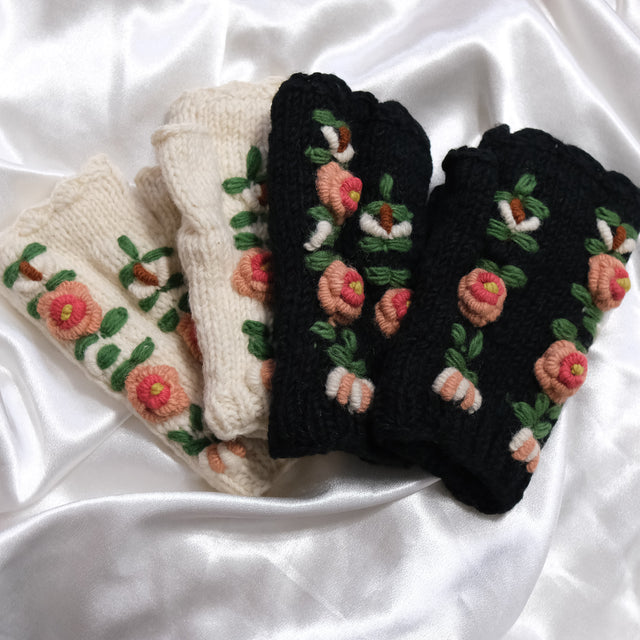Hand Knit Flower Winter  Handwarmer with Fleece Lining