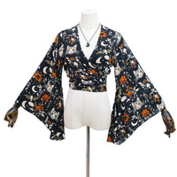 Mystical Cat Moon Bell Sleeve Wrap Top