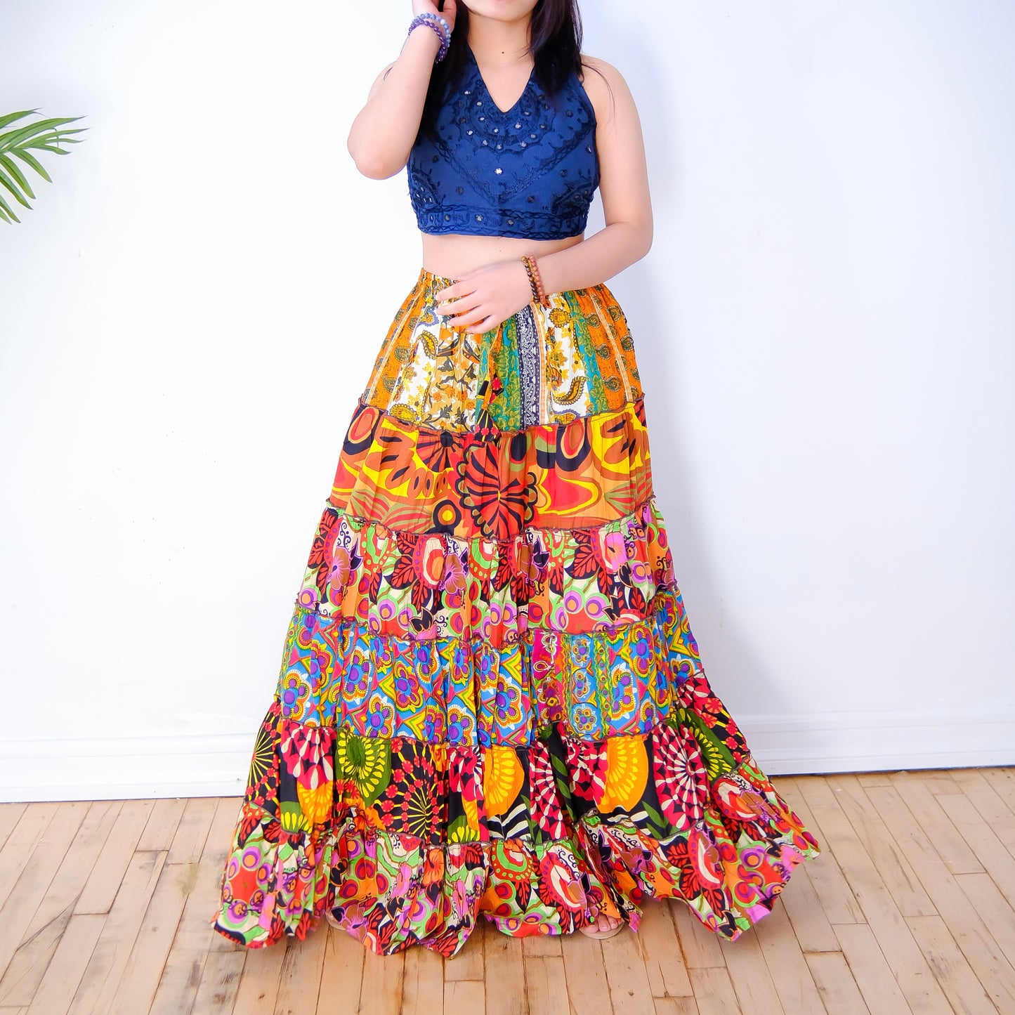 Cotton Long Layered Patchwork Flare Skirt with Bell Sleeve Top