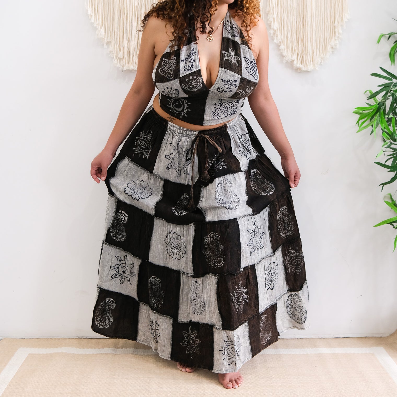 Patchwork Cotton Maxi Skirt with Pockets