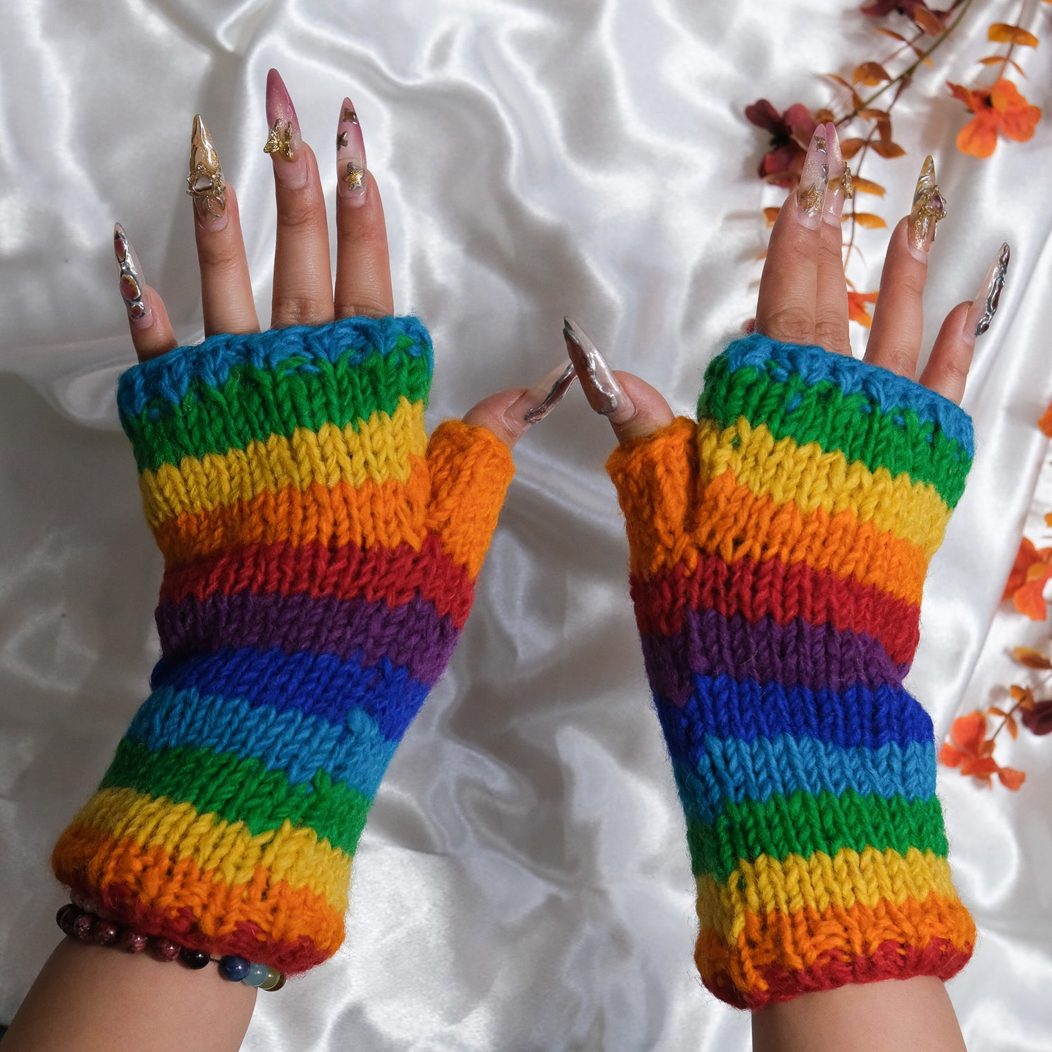 Hand Knitted Rainbow Fingerless Gloves