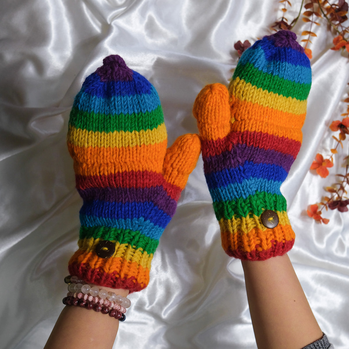 Hand Knitted Rainbow Convertible Gloves/Mitten