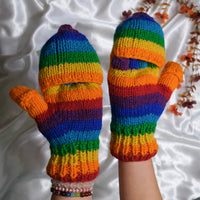 Hand Knitted Rainbow Convertible Gloves/Mitten