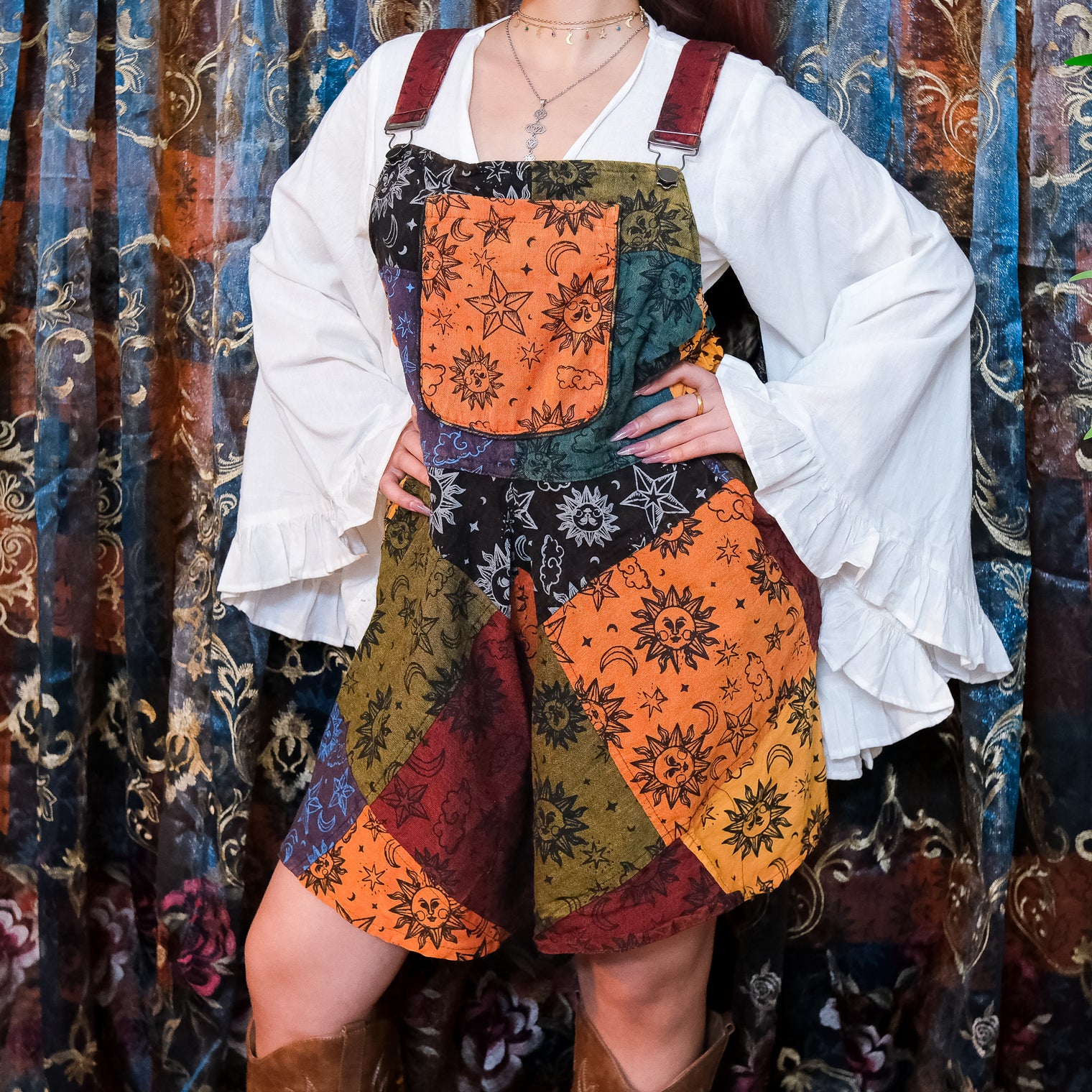 Celestial Patchwork Boho Wide Leg Romper