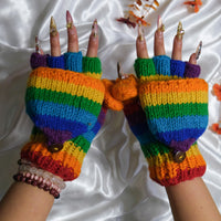 Hand Knitted Rainbow Convertible Gloves/Mitten