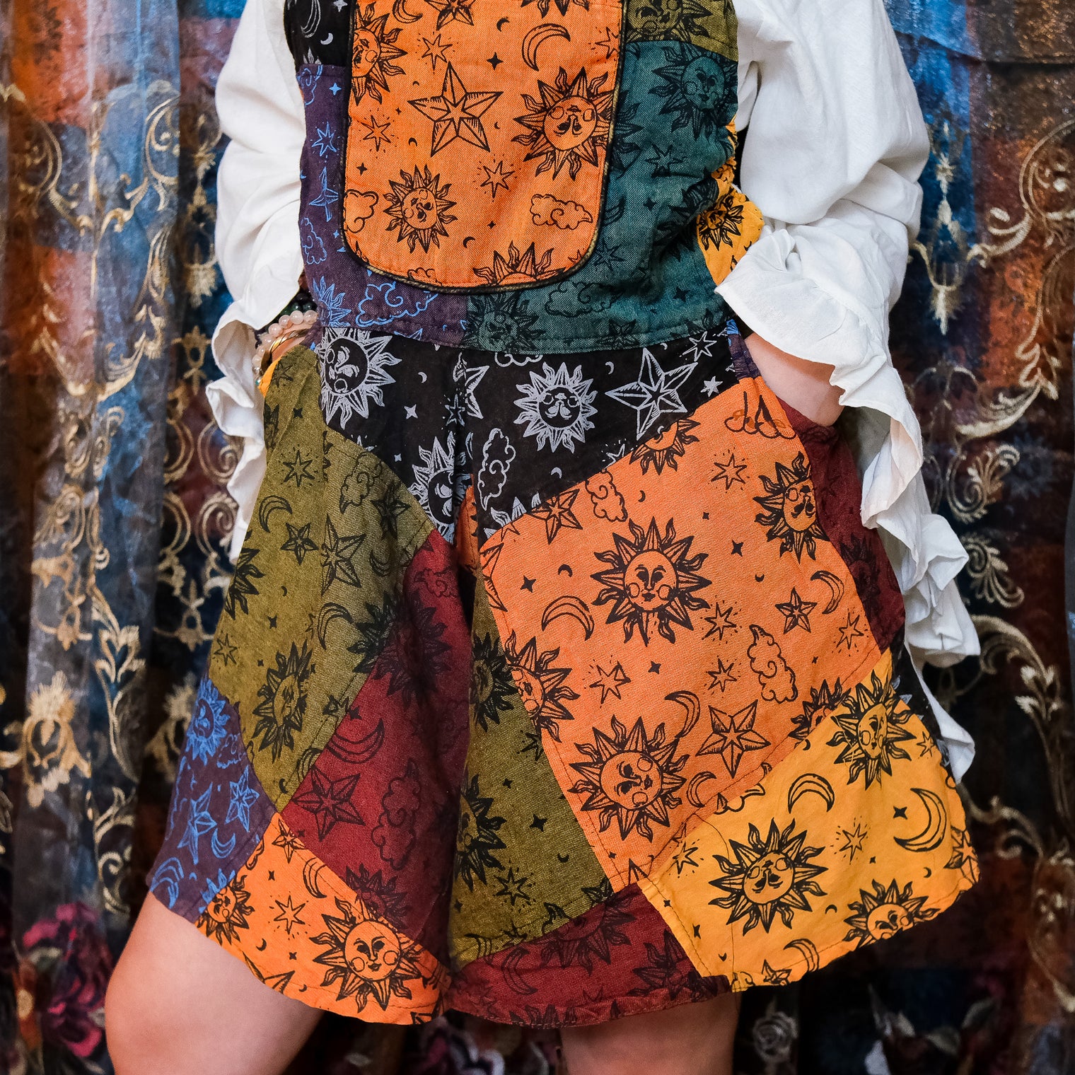 Celestial Patchwork Boho Wide Leg Romper