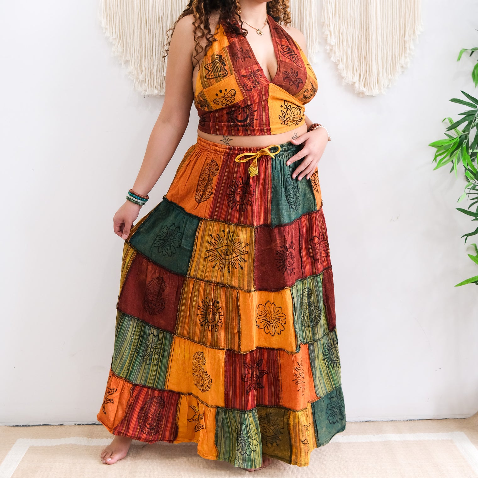 Patchwork Cotton Maxi Skirt with Pockets