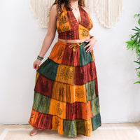 Patchwork Cotton Maxi Skirt with Pockets