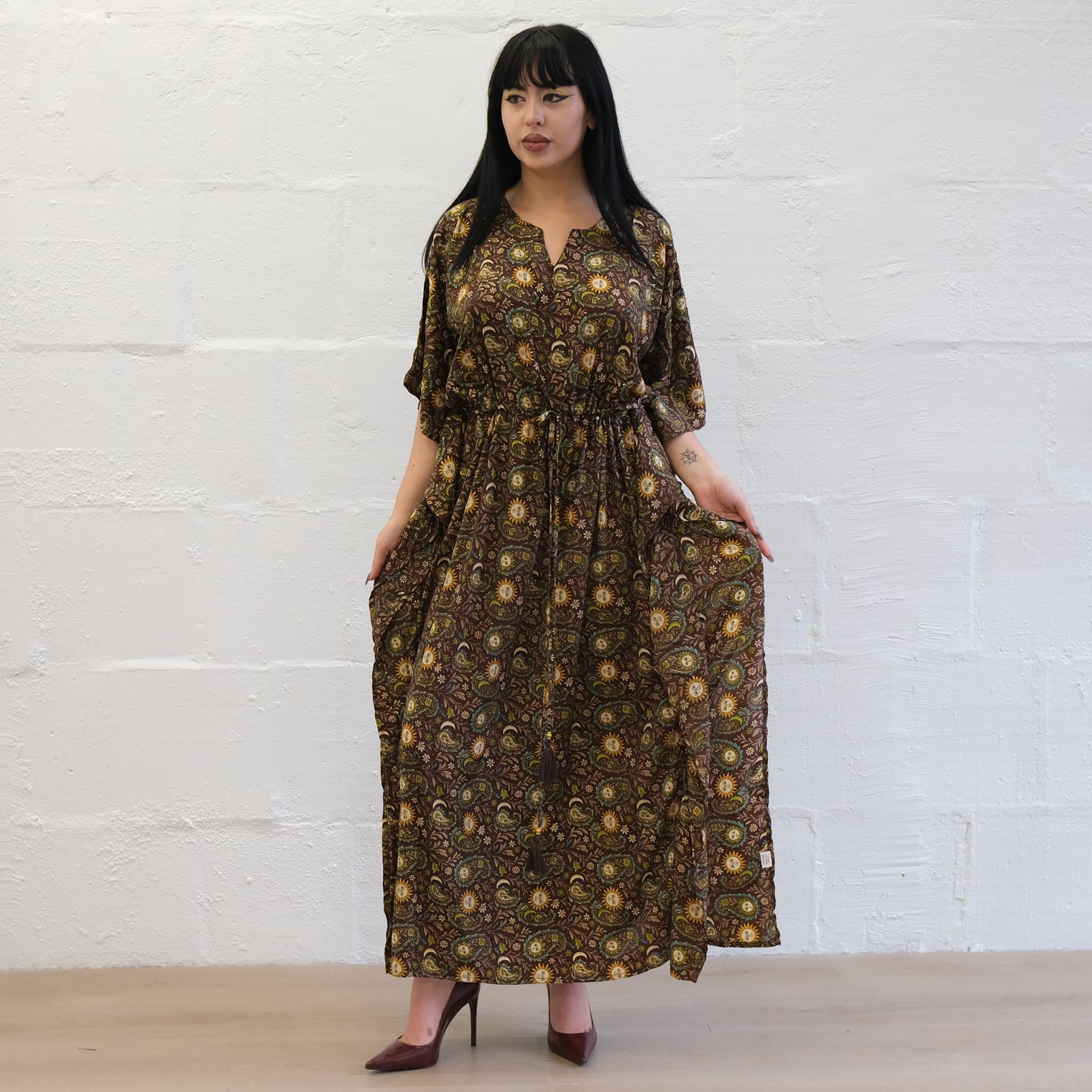 Flowy Celestial Paisley Boho Kaftan Dress