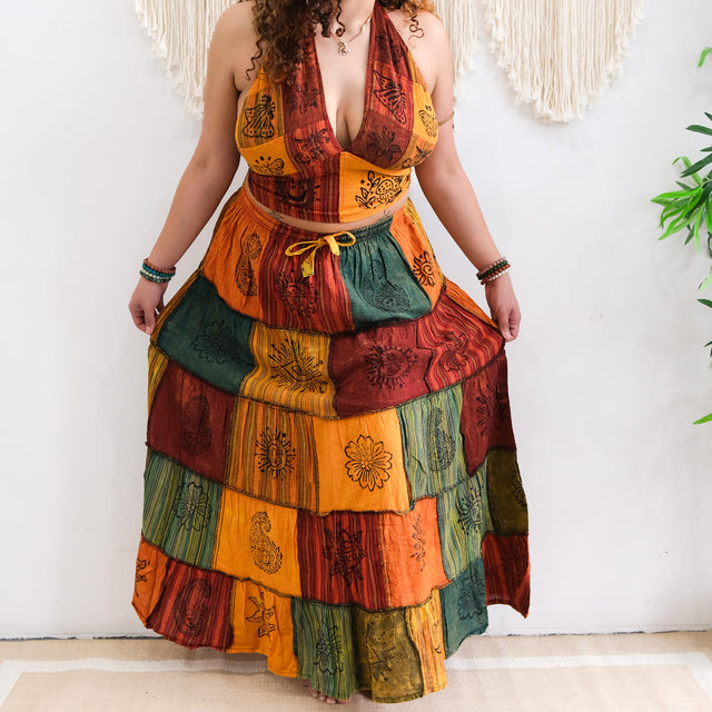 Patchwork Cotton Maxi Skirt with Pockets