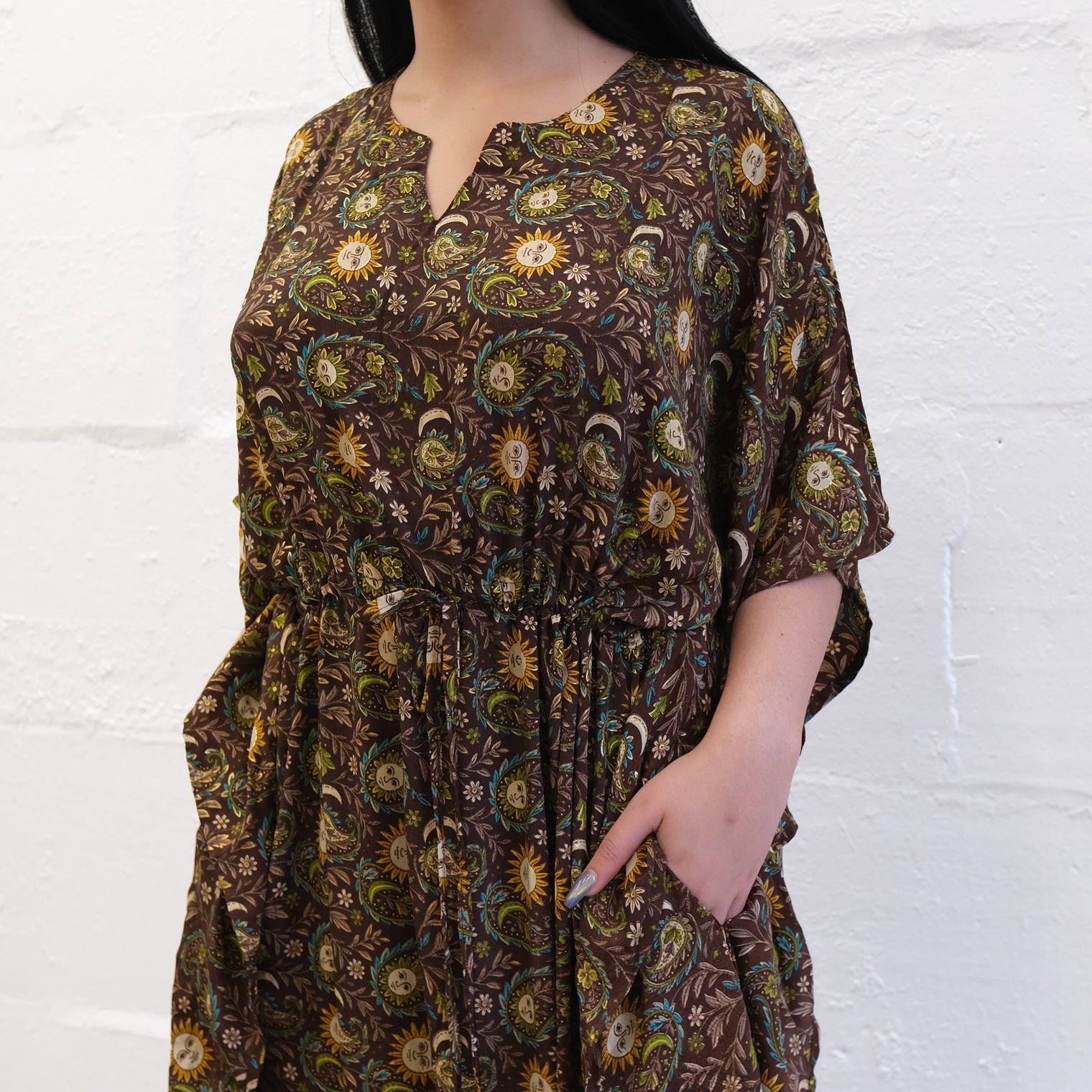 Flowy Celestial Paisley Boho Kaftan Dress