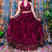 Velvet Boho Flowy Embroidery Skirt and Top