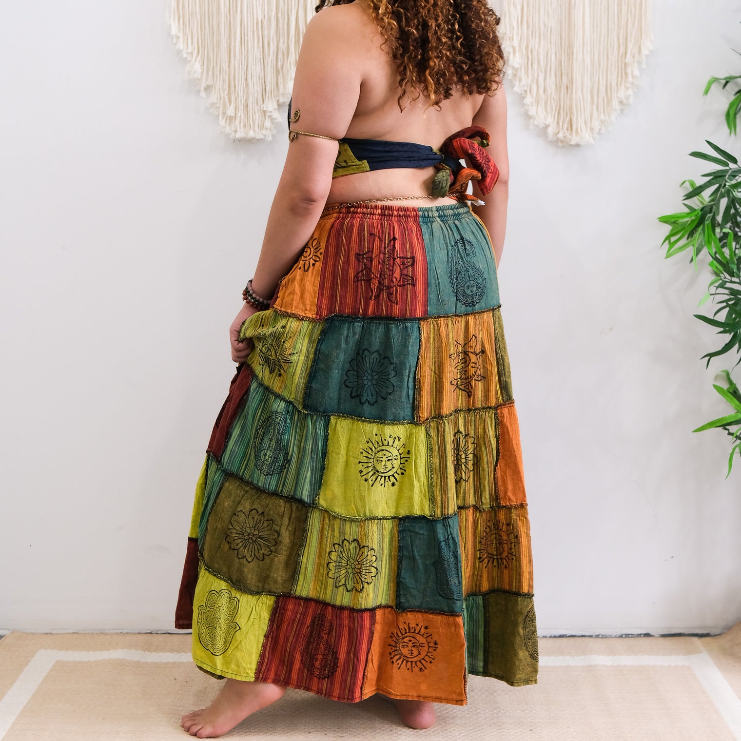 Patchwork Cotton Maxi Skirt with Pockets