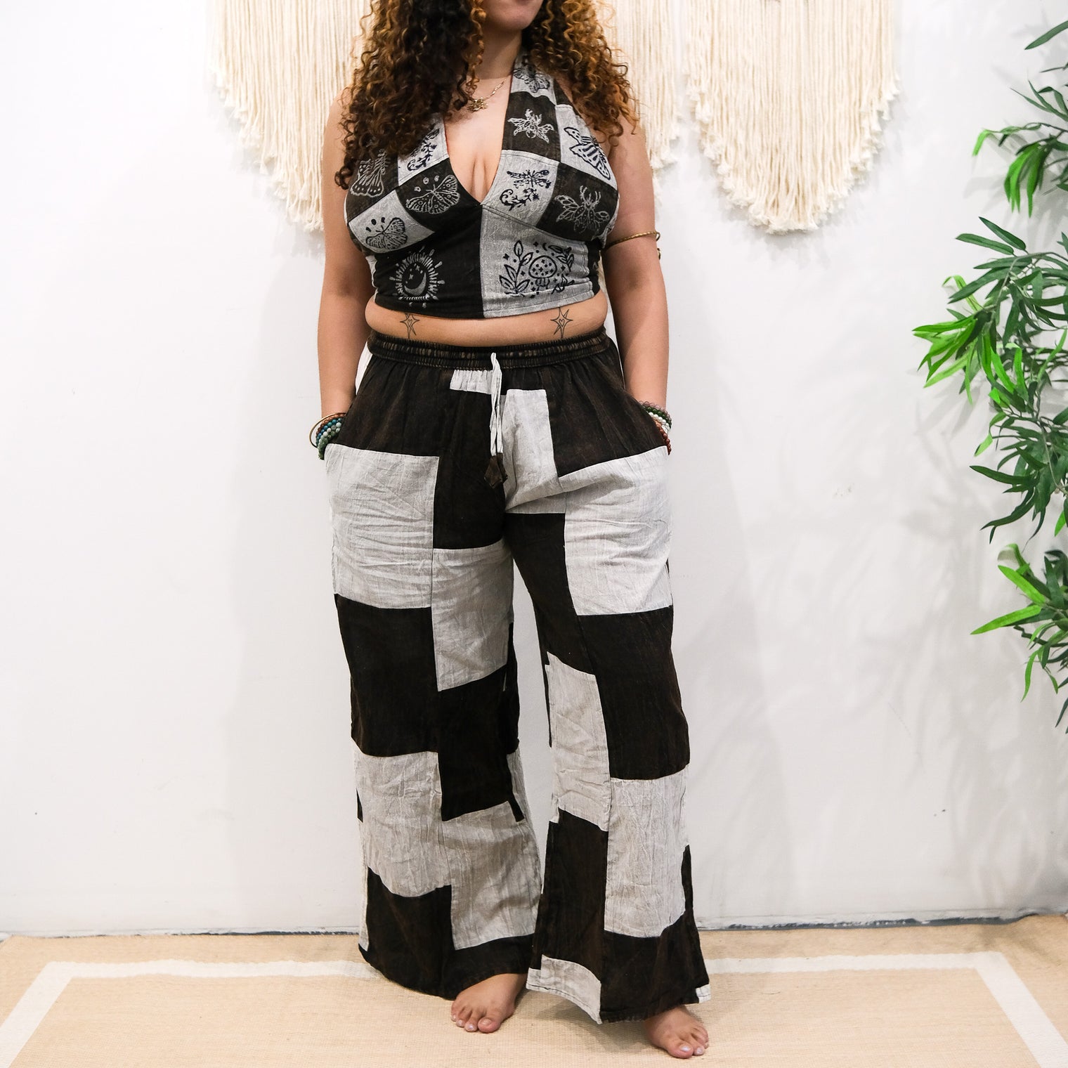 Patchwork Checkered Wide Leg Pants