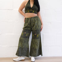 Boho Earthy Paisley Embroidered Flowy Pants with Reversible Bralette Set