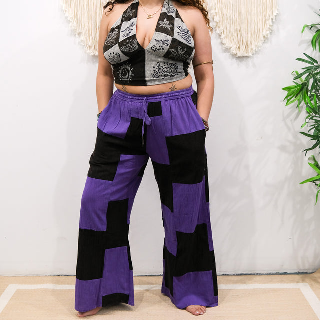 Patchwork Checkered Wide Leg Pants