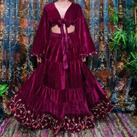 Flowy Velvet Embroidery Skirt with Ruffle Sleeve Top