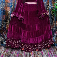 Flowy Velvet Embroidery Skirt with Ruffle Sleeve Top