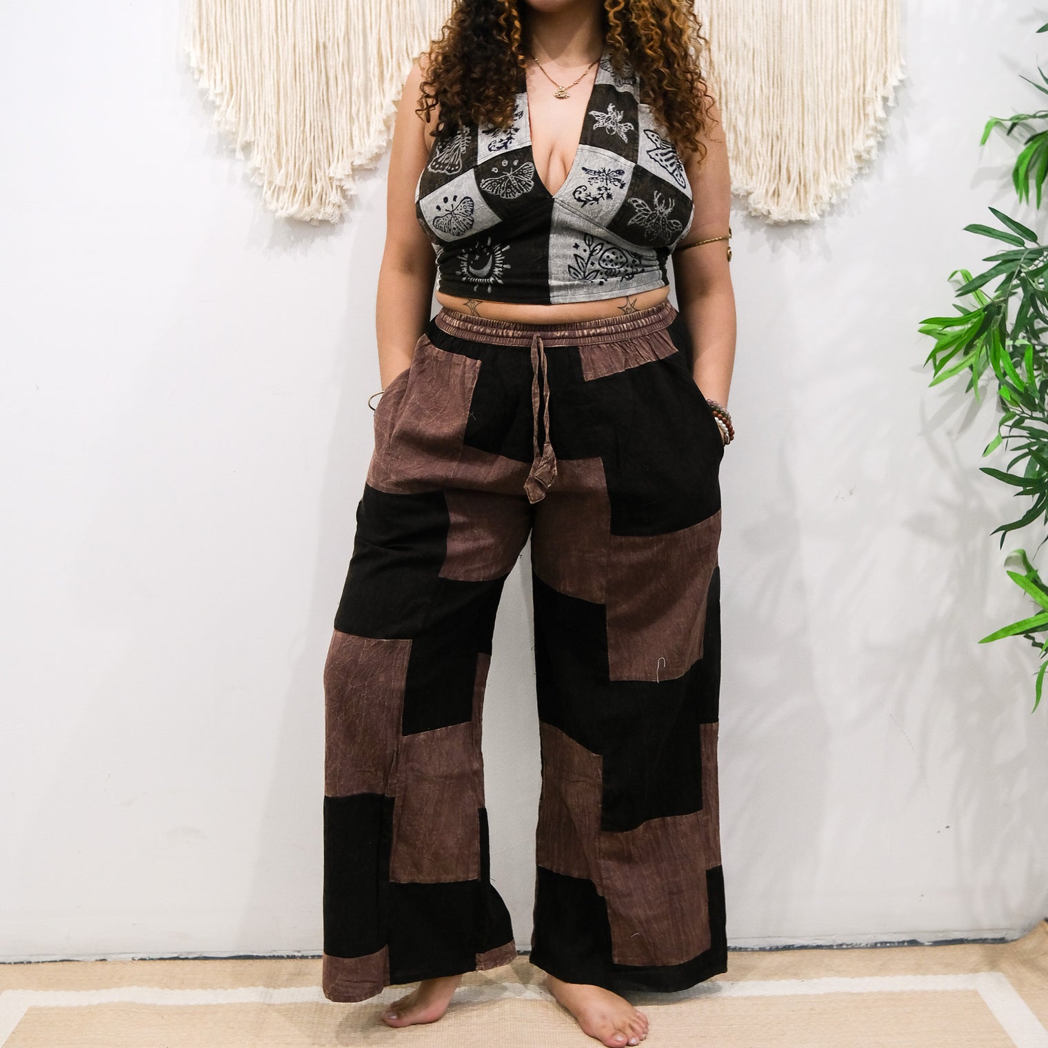 Patchwork Checkered Wide Leg Pants