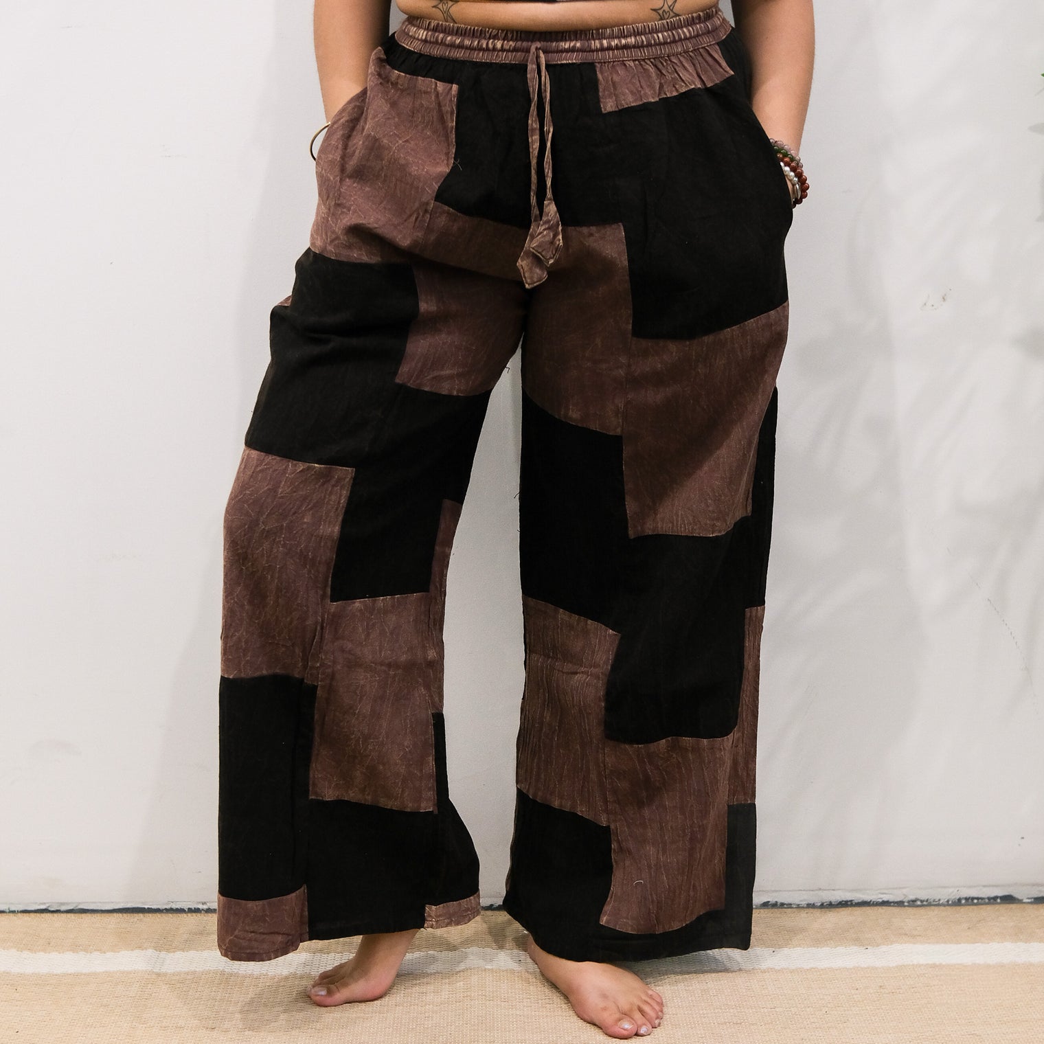 Patchwork Checkered Wide Leg Pants