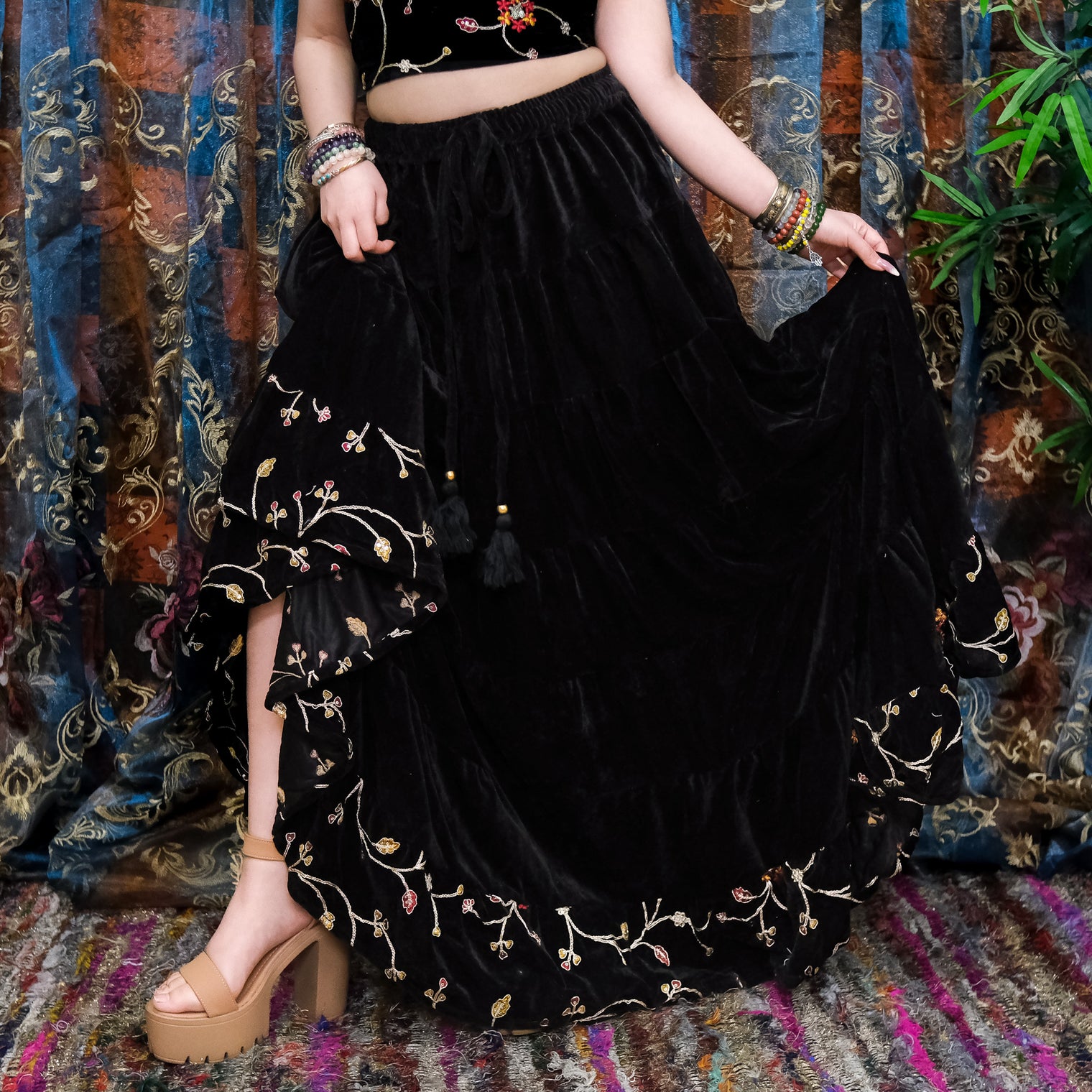 Velvet Boho Flowy Embroidery Skirt and Top
