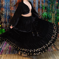 Flowy Velvet Embroidery Skirt with Ruffle Sleeve Top