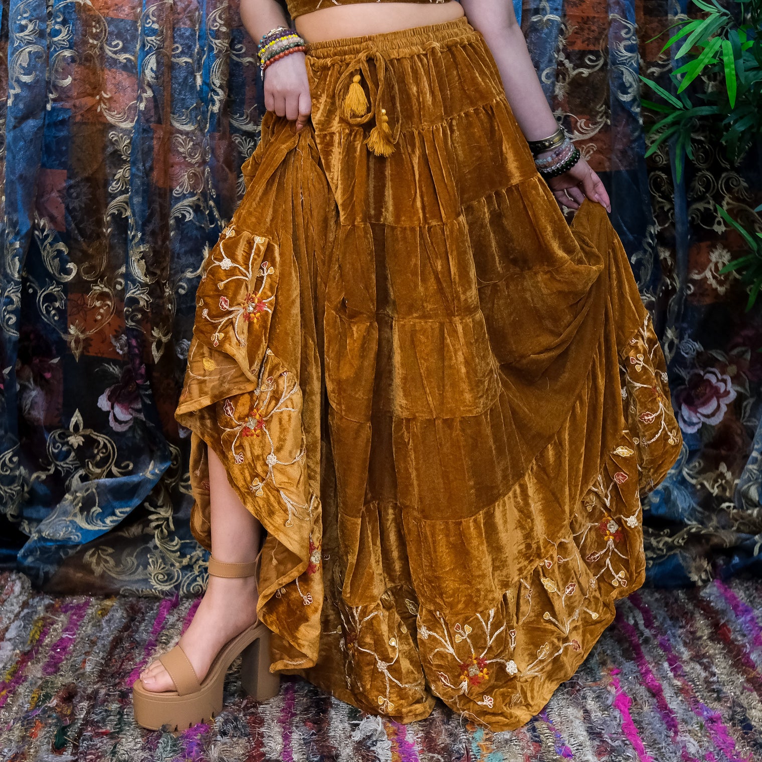 Velvet Boho Flowy Embroidery Skirt and Top