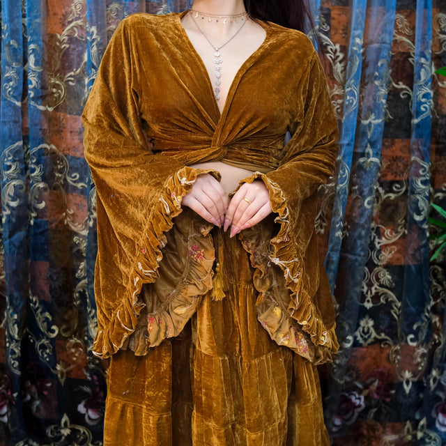 Velvet Hand Embroidery Wrap Top with Ruffle Sleeve