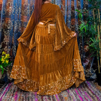 Flowy Velvet Embroidery Skirt with Ruffle Sleeve Top